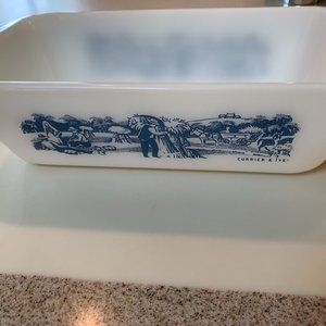 Vtg. Glasbake Milk Glass Loaf Pan Currier & Ives Harvest Scene J-522 Perfect